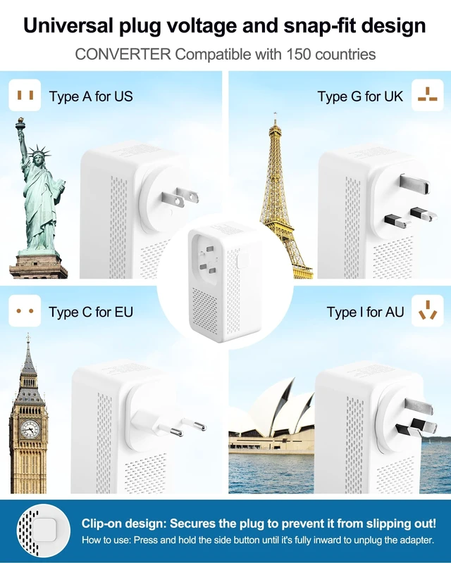 Alt view image 3 of 5 - Powfloven 220V to 110V Voltage Converter US to Europe, 1200W Cordless Power Converter Adapter Combo with 2 USB-A 2 USB-C Port & UK/AU/US/IT European Travel Outlet Plug Adapters