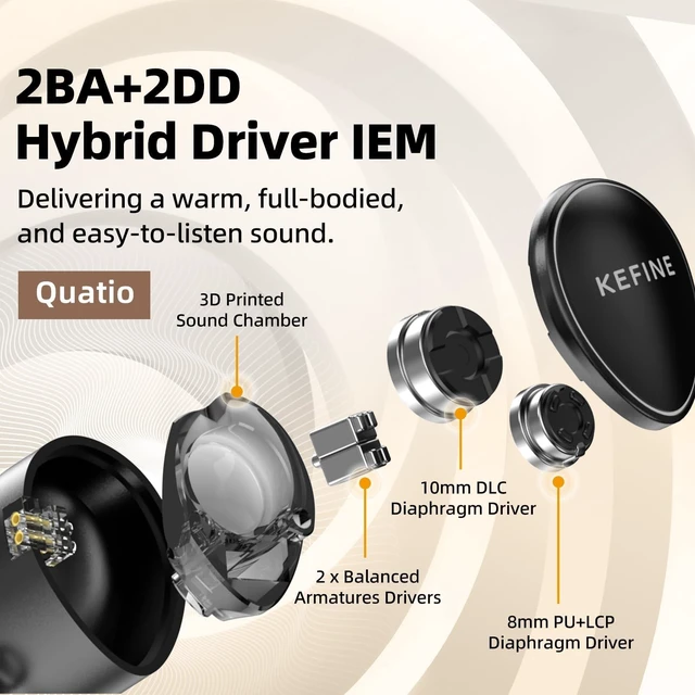 Alt view image 2 of 5 - HZNXEPX KEFINE Quatio Hybrid Driver IEM, 2BA+2DD in-Ear Monitors with 10mm DLC Driver, Professional HiFi Silver-Plated OCC Cable, 3.5mm/4.4mm Interchangeable Plugs, Brown