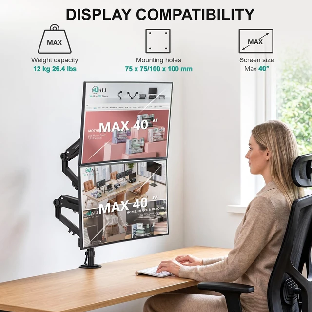 Alt view image 2 of 5 - WALI Vertical Dual Monitor Mount for 13-40 inch Screens, up to 26.4 lbs