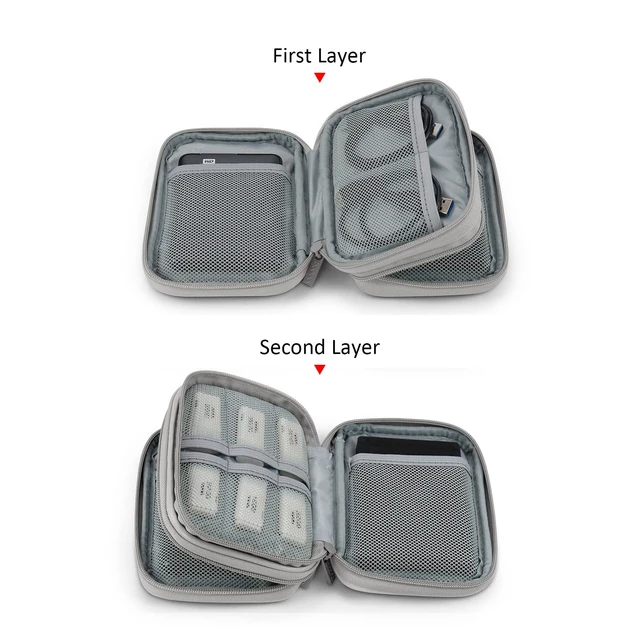 Alt view image 3 of 5 - Dual Hard Drive Case Double Layers 2.5 inch External Drive Storage Carrying Bag Waterproof Shockproof for Organizing HDD and Electronic Accessories, PU Leather Gray