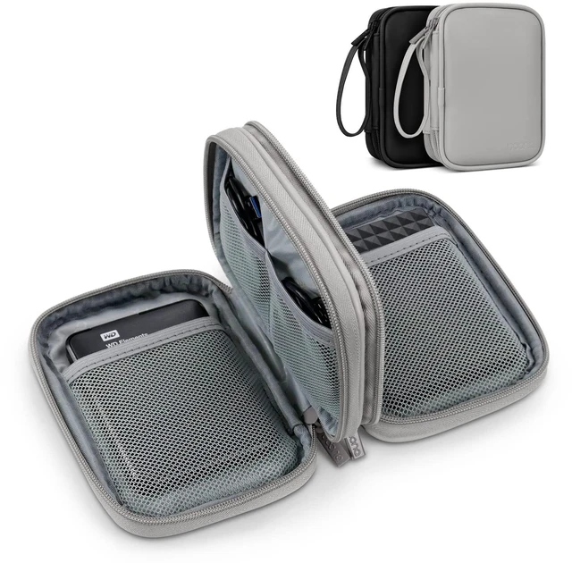 Main image of Dual Hard Drive Case Double Layers 2.5 inch External Drive Storage Carrying Bag Waterproof Shockproof for Organizing HDD and Electronic Accessories, PU Leather Gray