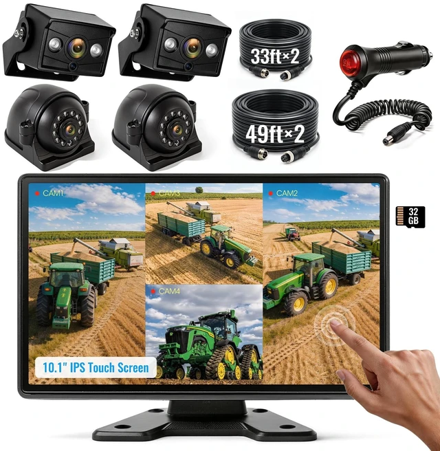 Main image of HEECOOMI 1080P Wired Backup Camera System, 10.1" DVR IPS Touchscreen + 4 IP69K Water/Dust Proof Rear & Side Cameras, Vibration-Proof 20G for Hitching, Farm Work, UTV, Trailer, Tractor, Truck, Combine