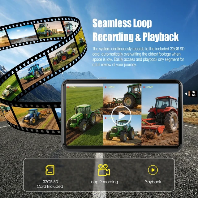 Alt view image 3 of 5 - HEECOOMI 1080P Wired Backup Camera System, 10.1" DVR IPS Touchscreen + 4 IP69K Water/Dust Proof Rear & Side Cameras, Vibration-Proof 20G for Hitching, Farm Work, UTV, Trailer, Tractor, Truck, Combine
