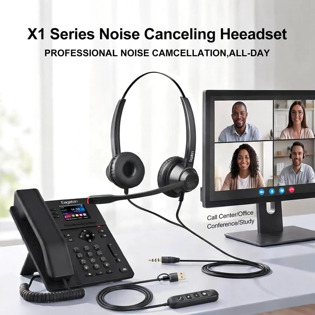 Alt view image 2 of 5 - EAGATON X1D Dual Ear Office Headset with USB-C/A & 3.5mm - Noise Cancelling Mic, Binaural Focus - Wired Headset for PC Laptop, Zoom & Teams, All-Day Comfort