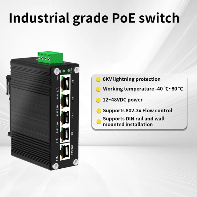Alt view image 4 of 5 - Industrial 10-Port Gigabit PoE Switch, 8 PoE+ Ports @30W Each 240W Total Budget 48-57VDC Redundant Power, DIN Rail Mount IP40 Metal Case -40C to 80C