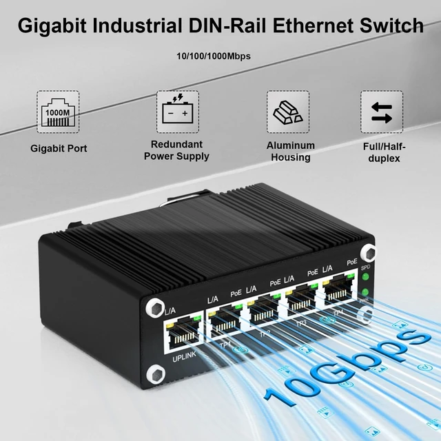 Alt view image 3 of 5 - Industrial 10-Port Gigabit PoE Switch, 8 PoE+ Ports @30W Each 240W Total Budget 48-57VDC Redundant Power, DIN Rail Mount IP40 Metal Case -40C to 80C