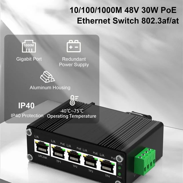 Alt view image 5 of 5 - Industrial 10-Port Gigabit PoE Switch, 8 PoE+ Ports @30W Each 240W Total Budget 48-57VDC Redundant Power, DIN Rail Mount IP40 Metal Case -40C to 80C