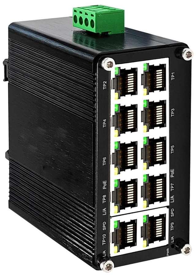 Main image of Industrial 10-Port Gigabit PoE Switch, 8 PoE+ Ports @30W Each 240W Total Budget 48-57VDC Redundant Power, DIN Rail Mount IP40 Metal Case -40C to 80C