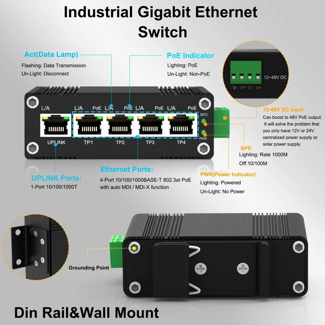 Alt view image 2 of 5 - Industrial 10-Port Gigabit PoE Switch, 8 PoE+ Ports @30W Each 240W Total Budget 48-57VDC Redundant Power, DIN Rail Mount IP40 Metal Case -40C to 80C