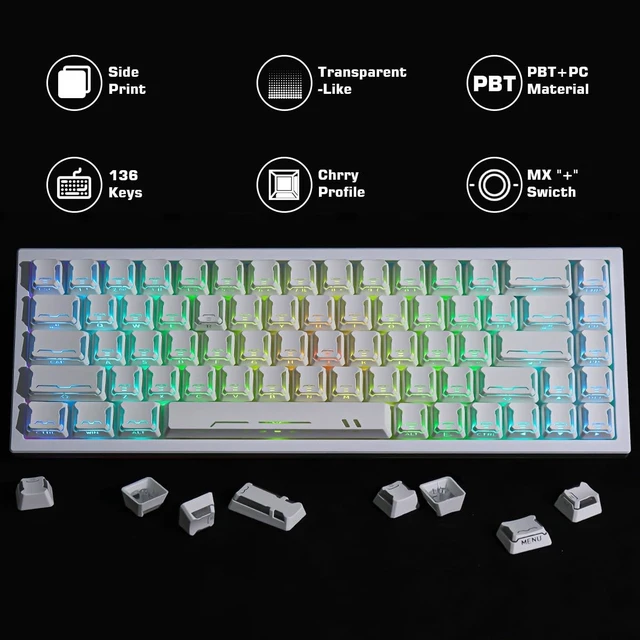 Alt view image 4 of 5 - Stellar Edge PBT PC Stereo Facet Shine Through Mech Keycaps 136 Keys White