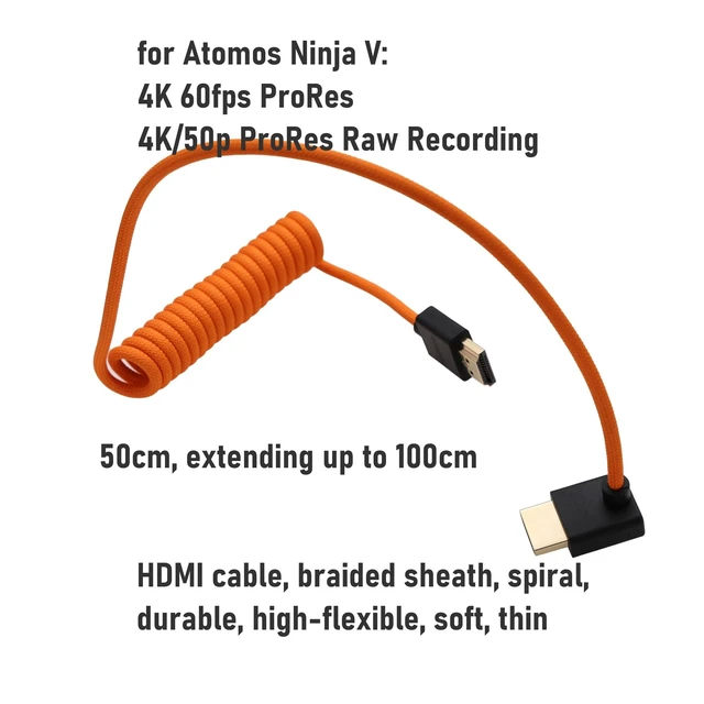 Alt view image 3 of 5 - HangTon 8K 4K High Speed ProRes Raw HDMI Cable for ATOMOS Ninja V Shinobi Ultra, Sony FX2 FX30, Canon C70 R1, S5ii G9 Z9 Camera Monitor Gimbal FEELWORLD Portkeys SmallHD, Up Angled, 50cm Spiral
