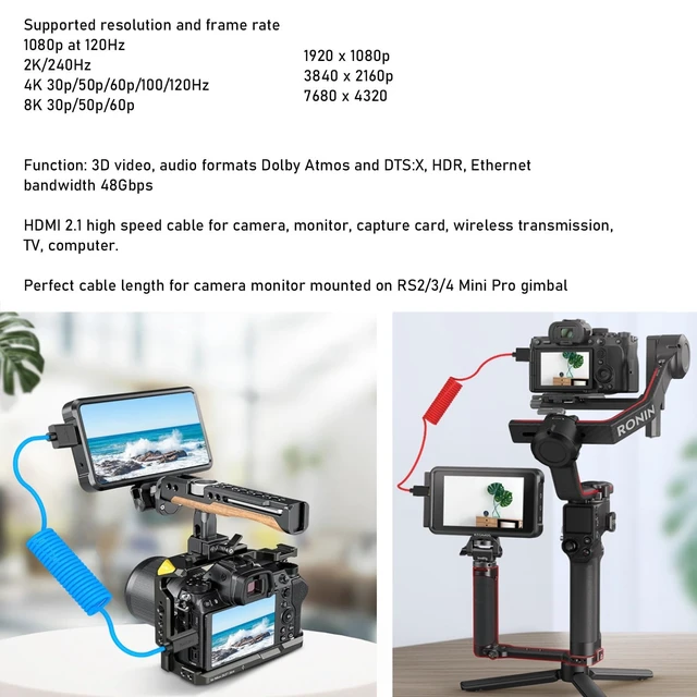 Alt view image 5 of 5 - HangTon 8K 4K High Speed ProRes Raw HDMI Cable for ATOMOS Ninja V Shinobi Ultra, Sony FX2 FX30, Canon C70 R1, S5ii G9 Z9 Camera Monitor Gimbal FEELWORLD Portkeys SmallHD, Up Angled, 50cm Spiral