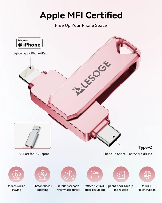 Alt view image 2 of 5 - MFi Certified Flash Drive 250GB for iPhone Photo Stick Thumb Drive, High Speed USB Memory Stick iPhone Flash Drive for Photos, External Storage Jump Drive for iPhone/iPad/Android/PC (Light Pink)