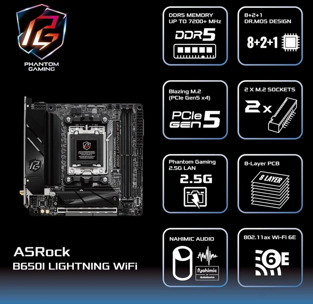 Alt view image 5 of 5 - ASRock B650I Lightning WiFi AMD AM5 Mini-ITX Motherboard, Supports AMD Ryzen 9000/8000/7000 Series Processors, DDR5 7200+ (OC), PCIe 5.0 M.2, 2.5G LAN, WiFi 6E, 8+2+1 Power Phase
