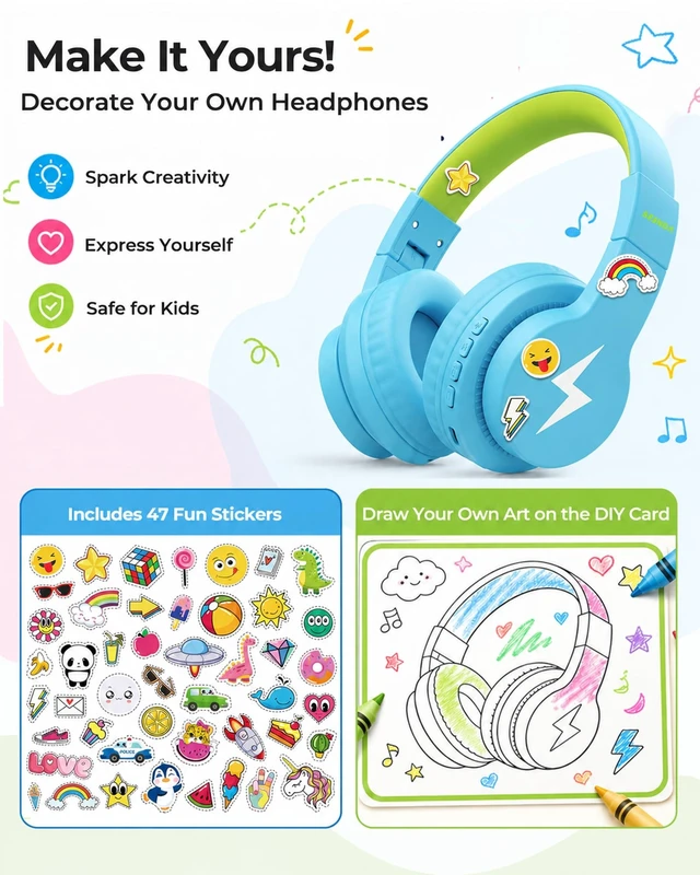 Alt view image 2 of 5 - seenda JCH-01 Kids Bluetooth Headphones, 85/94dB, 3 Light Modes,Blue&Yellow