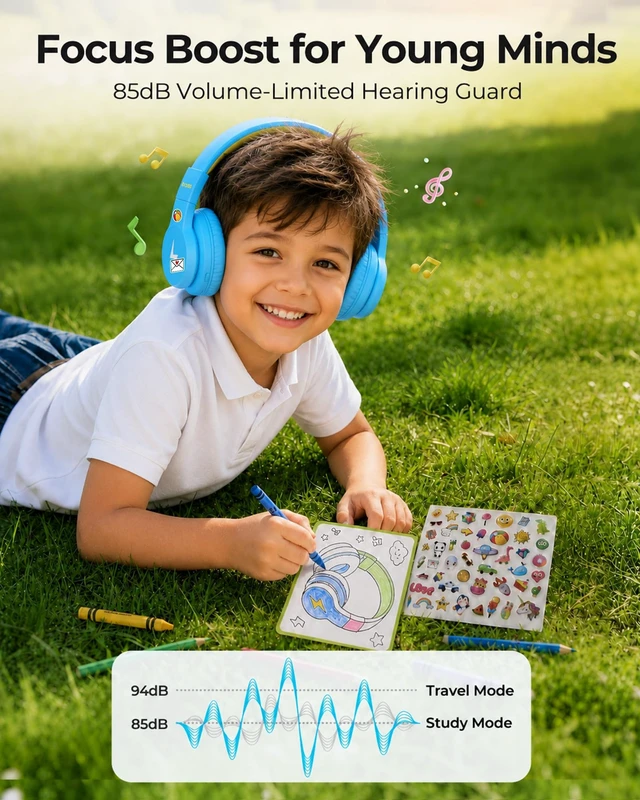 Alt view image 4 of 5 - seenda JCH-01 Kids Bluetooth Headphones, 85/94dB, 3 Light Modes,Blue&Yellow