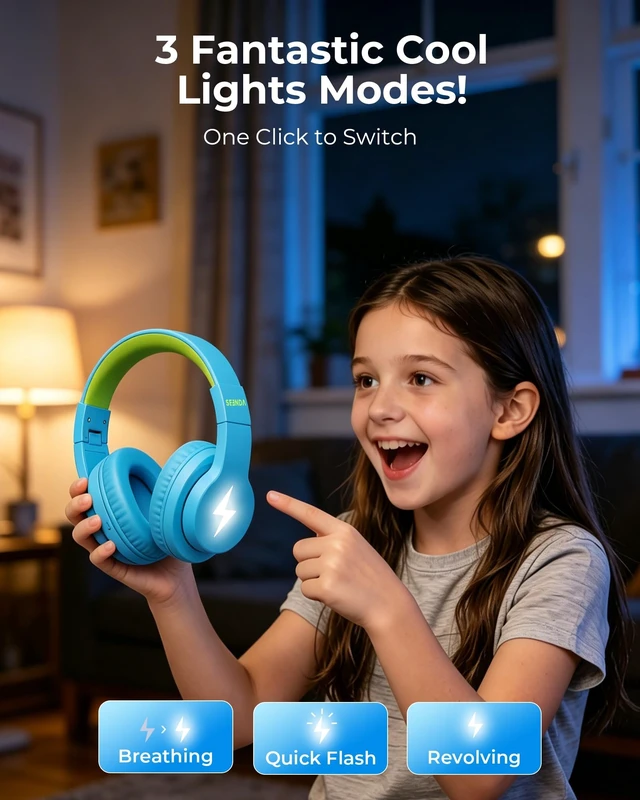 Alt view image 5 of 5 - seenda JCH-01 Kids Bluetooth Headphones, 85/94dB, 3 Light Modes,Blue&Yellow