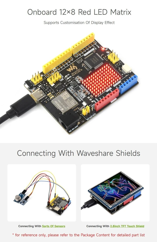 Alt view image 5 of 5 - Waveshare R7FA4 Plus B Development Board, Based On R7FA4M1AB3CFM, Equipped with ESP32-S3FN8, Compatible with Arduino UNO R4 WiFi, Onboard 128 LED Matrix