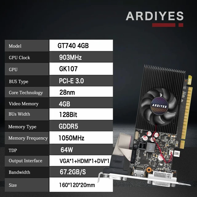 Alt view image 2 of 5 - ARDIYES GT 740 4GB Low Profile GPU Graphics Card, 128 Bit GDDR3 Video Card, DVI VGA HDMI Low Profile Graphics Card with Cooling Fan