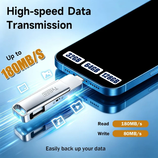 Alt view image 3 of 5 - 128GB USB 3.1 Flash Drive with Write Protect, Up to 180MB/s High Speed Thumb Drive, 2 in 1 USB C & USB A Dual USB Drives, External Hard Drive for iPhone 17/16/15, Android, MacBook, Laptop, PC, iPad