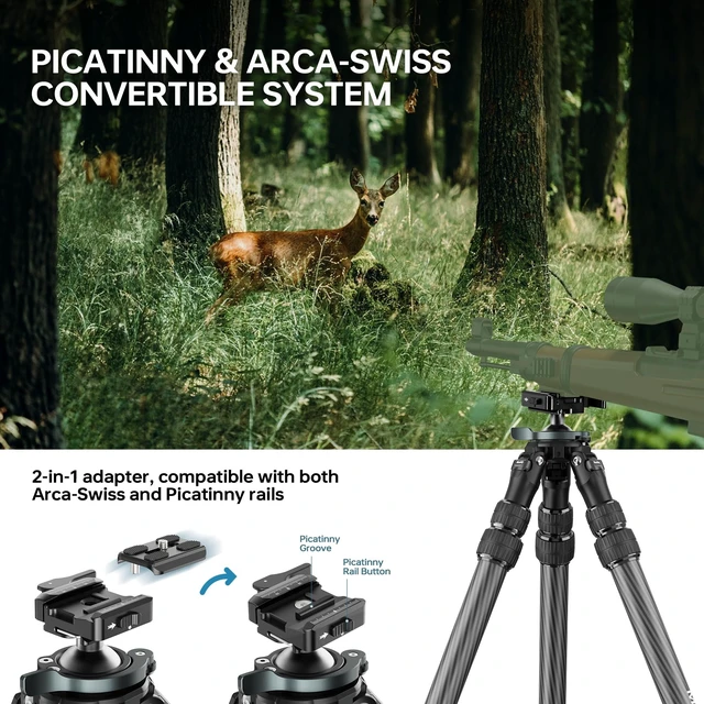 Alt view image 2 of 5 - Manbily QM-2836 Shooting Tripod, Inverted Hunting Carbon Fiber Tripod with 45mm Ball Head and Picatinny to Arca Swiss Adapters, 36mm Thick Tubes, Max Load 55lbs Black