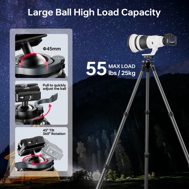 Alt view image 4 of 5 - Manbily QM-2836 Shooting Tripod, Inverted Hunting Carbon Fiber Tripod with 45mm Ball Head and Picatinny to Arca Swiss Adapters, 36mm Thick Tubes, Max Load 55lbs Black