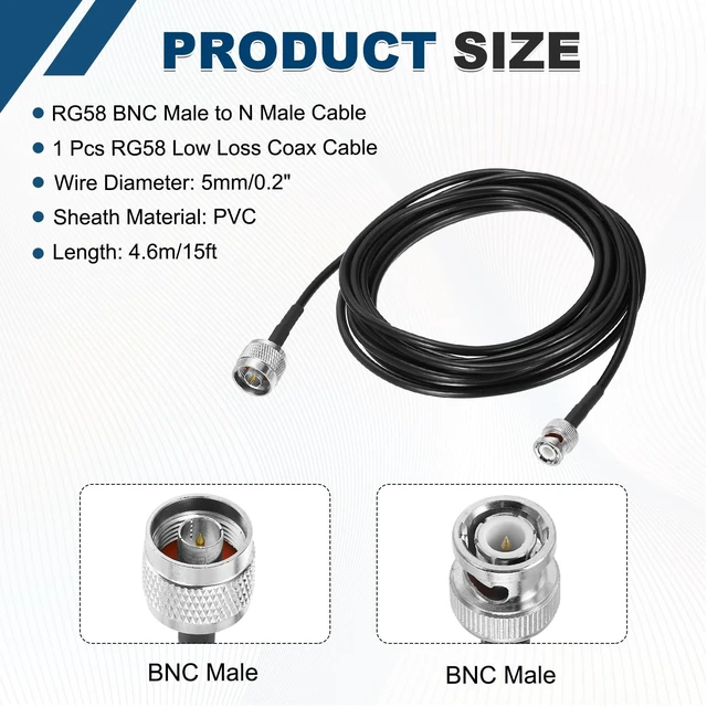 Alt view image 2 of 5 - MECCANIXITY Black RG58 N Type to BNC Cable 15ft, 50 Ohm Low Loss BNC Male to N Male Coax Extension Jumper Cable for Spectrum Analyzer Antenna, Ham Radio, Oscilloscope, RF Applications