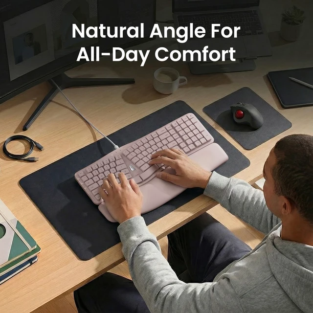 Alt view image 2 of 5 - Nulea Ergonomic Keyboard, Wired Keyboard with Split Design and Palm Rest, Volcano Keycaps, Natural Typing, Type C and USB Plug, 2 in 1 Port for Windows and Mac, 3 Colors(Pink)