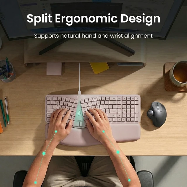 Alt view image 3 of 5 - Nulea Ergonomic Keyboard, Wired Keyboard with Split Design and Palm Rest, Volcano Keycaps, Natural Typing, Type C and USB Plug, 2 in 1 Port for Windows and Mac, 3 Colors(Pink)