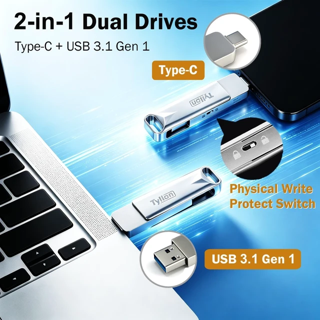 Alt view image 2 of 5 - 128GB USB 3.1 Flash Drive with Write Protect, Up to 180MB/s High Speed Thumb Drive, 2 in 1 USB C & USB A Dual USB Drives, External Hard Drive for iPhone 17/16/15, Android, MacBook, Laptop, PC, iPad