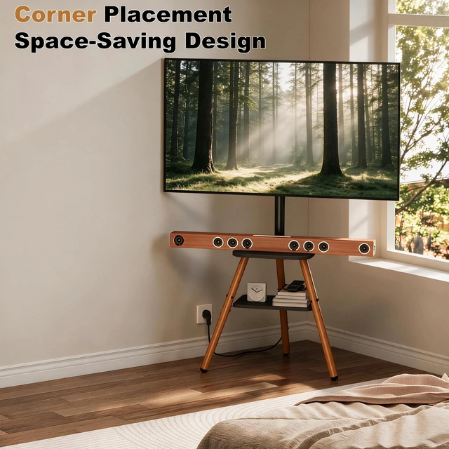 Alt view image 4 of 5 - Tripod Easel TV Stand for 23-65 Inch TVs, Floor TV Stand with 2 Shelves and Cable Management for Bedroom/Living Room, Holds up to 80 lbs Adjustable Height Max VESA 400x400mm