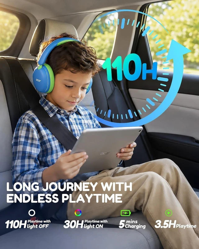 Alt view image 5 of 5 - Acer OHR727 Kids Bluetooth Headphones Travel, OverEar Comfort Design