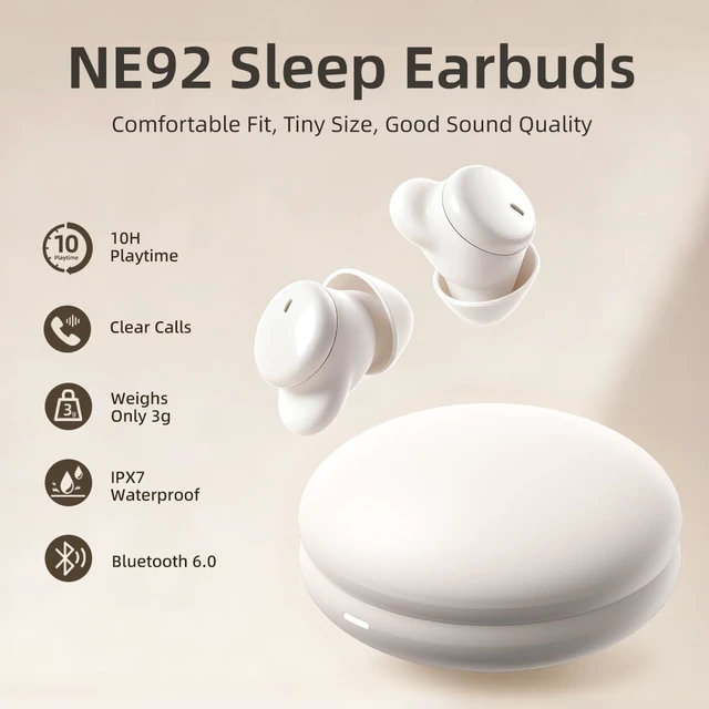 Alt view image 2 of 5 - NE92 Sleep Earbuds, Ultra-Mini Side Sleeper Earbuds 3g, Bluetooth 6.0, 40Hrs, Hi-Fi Stereo Sound Mini Invisible Earplugs for Side Sleepers Small Ear Buds, Wireless Headphones for Travel & Busin