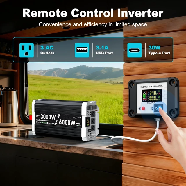 Alt view image 5 of 5 - 24V Inverter 3000 Watt Inverter, Pure Sine Wave Inverter, Power Inverter with Remote Control, 24V DC to 110V AC, 3 AC Outlets, USB & Type-C Ports, LCD Display for RV, Solar, Home Backup Power