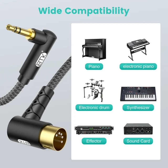 Alt view image 3 of 5 - EMK Dual 90 Angle MIDI Cable 2-Pack, 3.5mm TRS to 5-Pin DIN, Right-Angle Connectors for Synth/Keyboard/Controller (10ft/3m)
