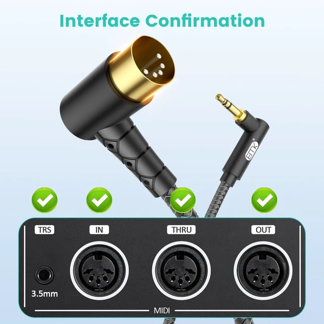 Alt view image 2 of 5 - EMK Dual 90 Angle MIDI Cable 2-Pack, 3.5mm TRS to 5-Pin DIN, Right-Angle Connectors for Synth/Keyboard/Controller (10ft/3m)