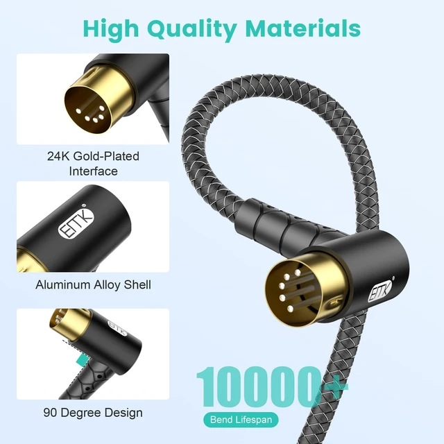 Alt view image 5 of 5 - EMK Dual 90 Angle MIDI Cable 2-Pack, 3.5mm TRS to 5-Pin DIN, Right-Angle Connectors for Synth/Keyboard/Controller (10ft/3m)