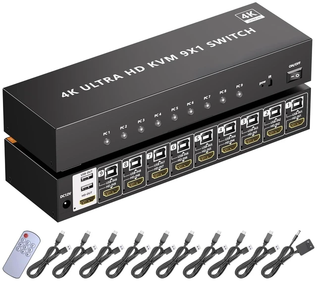 Main image of HDMI KVM Switch 9 Port, 4K@60Hz KVM Switch 9 Computers Share 1 Monitor and Keyboard Mouse, with USB 2.0 Ports, Support Button Switch/IR Remote Control, Adaptive EDID, Plug and Play.No EDID Simulation