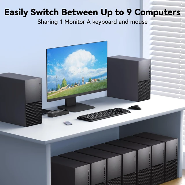 Alt view image 3 of 5 - HDMI KVM Switch 9 Port, 4K@60Hz KVM Switch 9 Computers Share 1 Monitor and Keyboard Mouse, with USB 2.0 Ports, Support Button Switch/IR Remote Control, Adaptive EDID, Plug and Play.No EDID Simulation