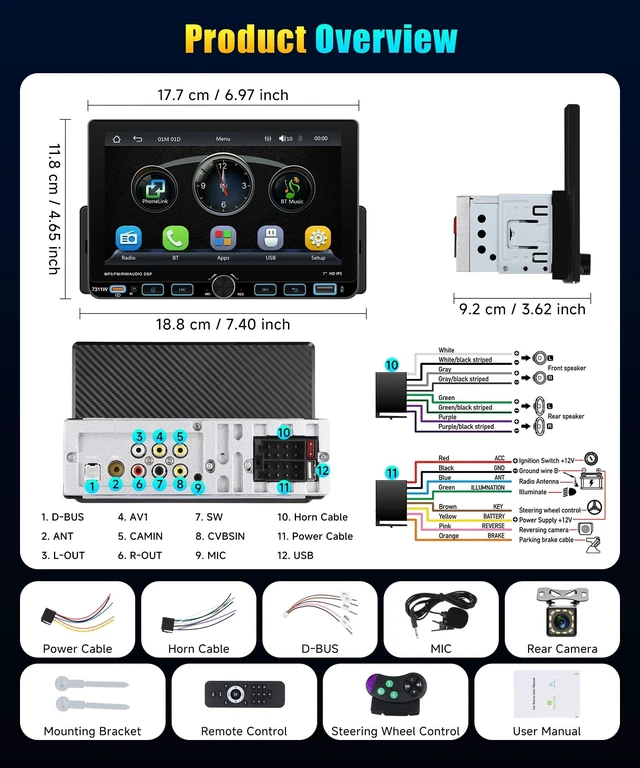Alt view image 2 of 5 - Single DIN Car Stereo with Wireless CarPlay & Android Auto, 7-Inch Touchscreen Car Radio with AM/FM/RDS, Bluetooth 5.0, SWC, Backup Camera, USB-C, Mirror Link