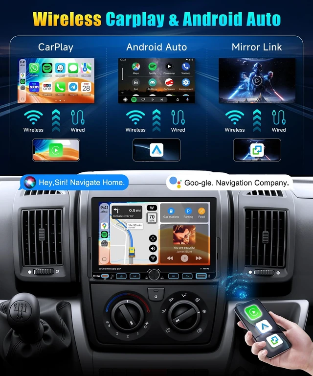 Alt view image 3 of 5 - Single DIN Car Stereo with Wireless CarPlay & Android Auto, 7-Inch Touchscreen Car Radio with AM/FM/RDS, Bluetooth 5.0, SWC, Backup Camera, USB-C, Mirror Link