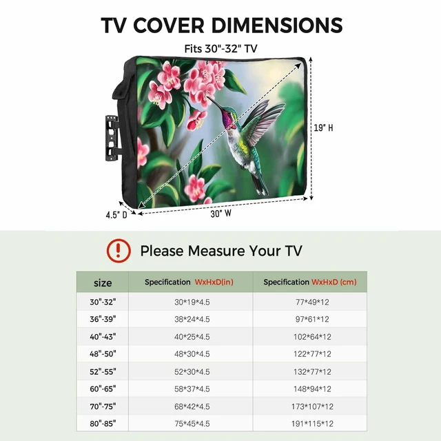 Alt view image 2 of 5 - Bird Floral Outdoor TV Cover 52 to 55 Inches Hummingbird Spring Decorative Green Background Weatherproof&Waterproof TV Covers with Remote Control Pocket, Screen Protectors for Outside
