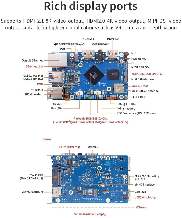 Alt view image 2 of 5 - Orange Pi 5 Pro 8GB LPDDR5 RK3588S 8 Core 64 Bit Single Board Computer, 8K Video Decoding 2.4GHz Frequency WiFi Bluetooth Open Source Board Run Orange Pi OS, Android, Debian, Ubuntu