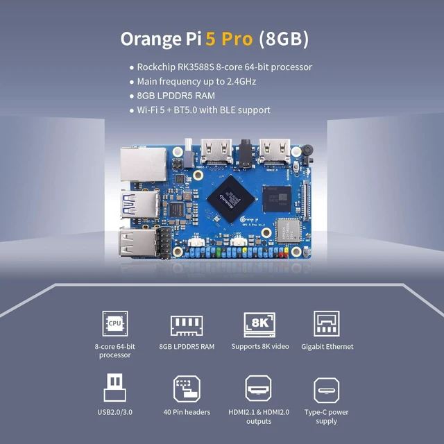 Alt view image 4 of 5 - Orange Pi 5 Pro 8GB LPDDR5 RK3588S 8 Core 64 Bit Single Board Computer, 8K Video Decoding 2.4GHz Frequency WiFi Bluetooth Open Source Board Run Orange Pi OS, Android, Debian, Ubuntu