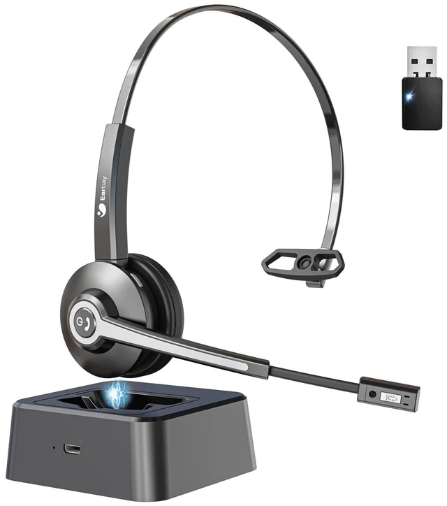 Main image of Earbay Trucker Bluetooth Headset, Wireless Headset with Mic for Work Noise Canceling & USB Dongle, Bluetooth Headphones with Microphone Mute & Charing Dock for Trucker/Meeting/Remote Work/PC/Of