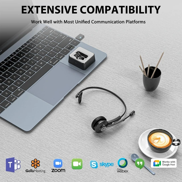 Alt view image 4 of 5 - Earbay Trucker Bluetooth Headset, Wireless Headset with Mic for Work Noise Canceling & USB Dongle, Bluetooth Headphones with Microphone Mute & Charing Dock for Trucker/Meeting/Remote Work/PC/Of