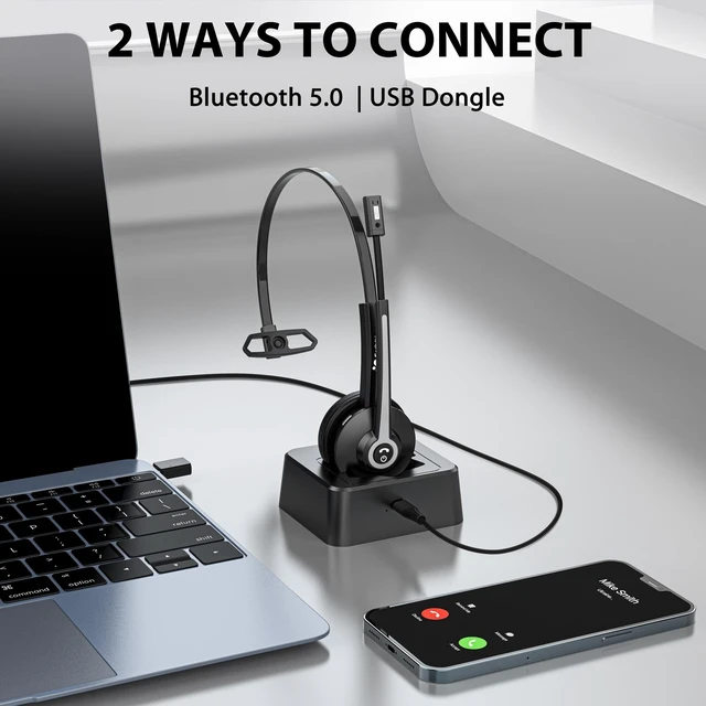 Alt view image 5 of 5 - Earbay Trucker Bluetooth Headset, Wireless Headset with Mic for Work Noise Canceling & USB Dongle, Bluetooth Headphones with Microphone Mute & Charing Dock for Trucker/Meeting/Remote Work/PC/Of