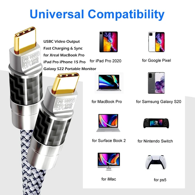Alt view image 3 of 5 - YOTETION Type C to C 45FT Cable,4K@60Hz 100W Fast Charging - Carbon Fiber Braided, High-Speed Data Transfer for Xreal MacBook Pro iPad Pro iPhone 15 Pro Galaxy S22 Portable Monitor Black