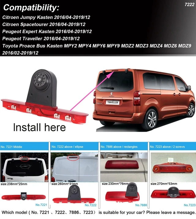 Alt view image 3 of 5 - 1280 * 720 Pixel Third Roof Brake Lamp Car Backup Camera Replacement for Toyota Proace Citroen Jumpy Kasten Spacetourer Peugeot Expert Kasten Traveller Bus Waterproof Night Vision Reverse+7" Mirror