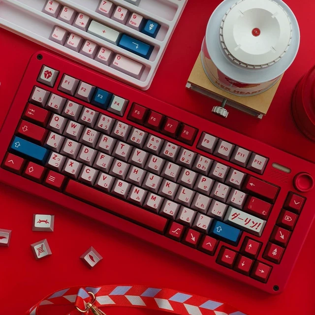Alt view image 3 of 5 - Metal Paint PBT Keycaps, 122 Key Red Blue Retro Cherry Profile Keycaps Set